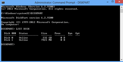 Windows 8 Command Prompt (Admin), Diskpart